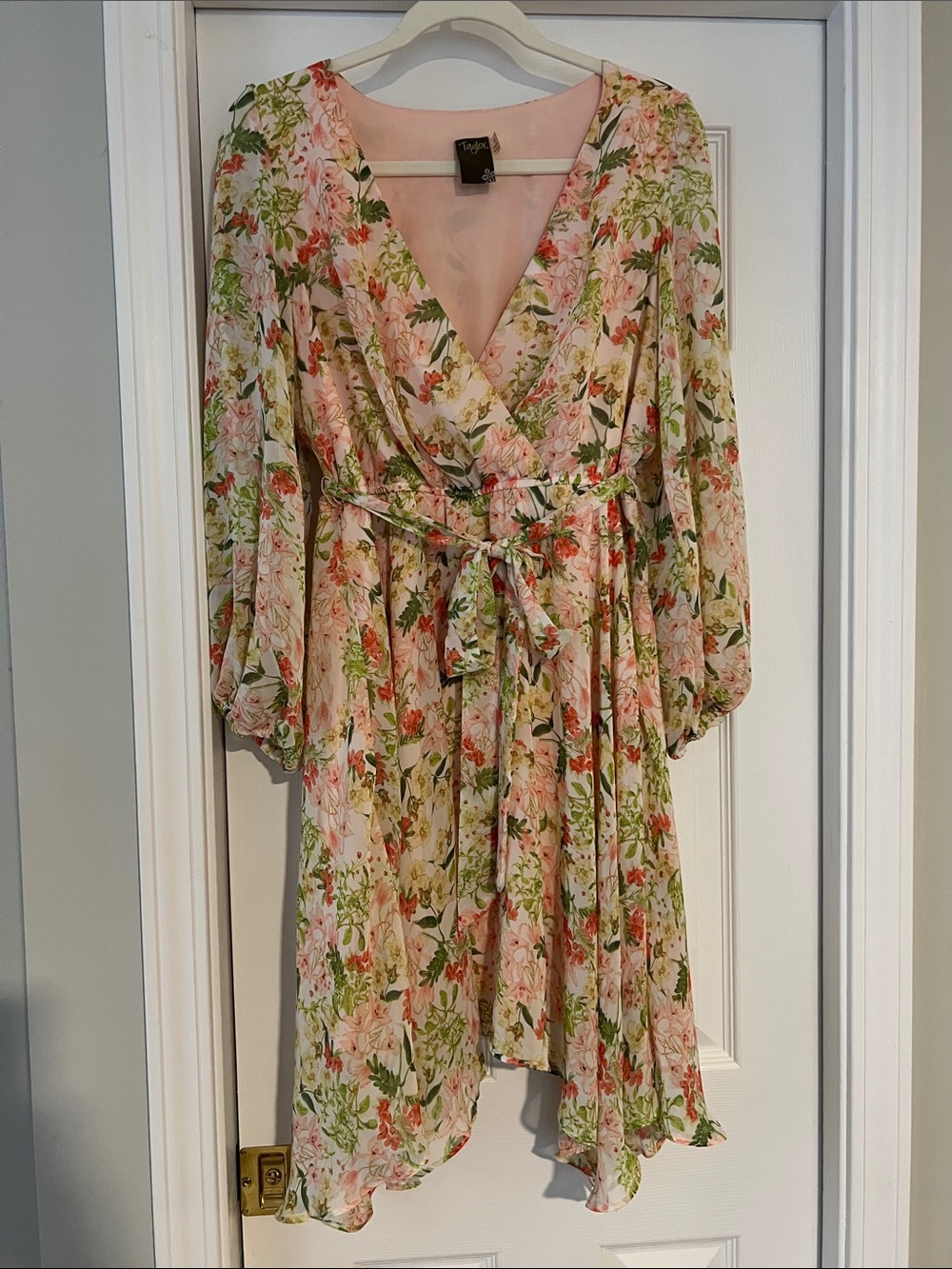 Taylor Floral Asymmetrical Wrap Dress in Pink and Green